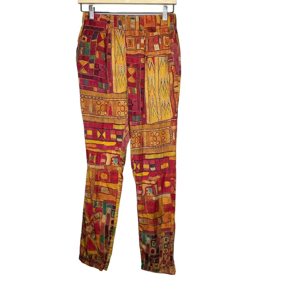 Burning Torch Ethnic Tribal Print Silk Blend Pants